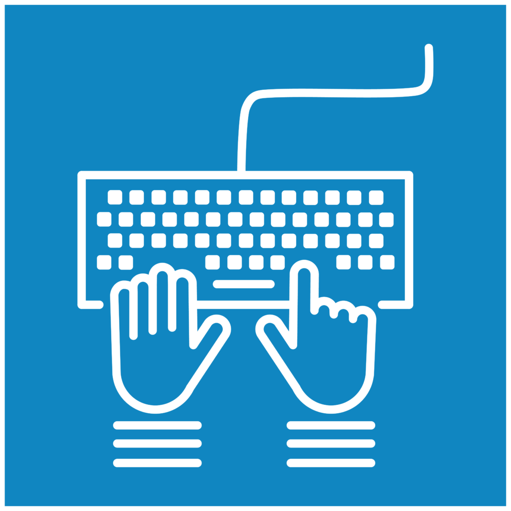 Piktogramm zeigt tippende Hände auf einer Tastatur.